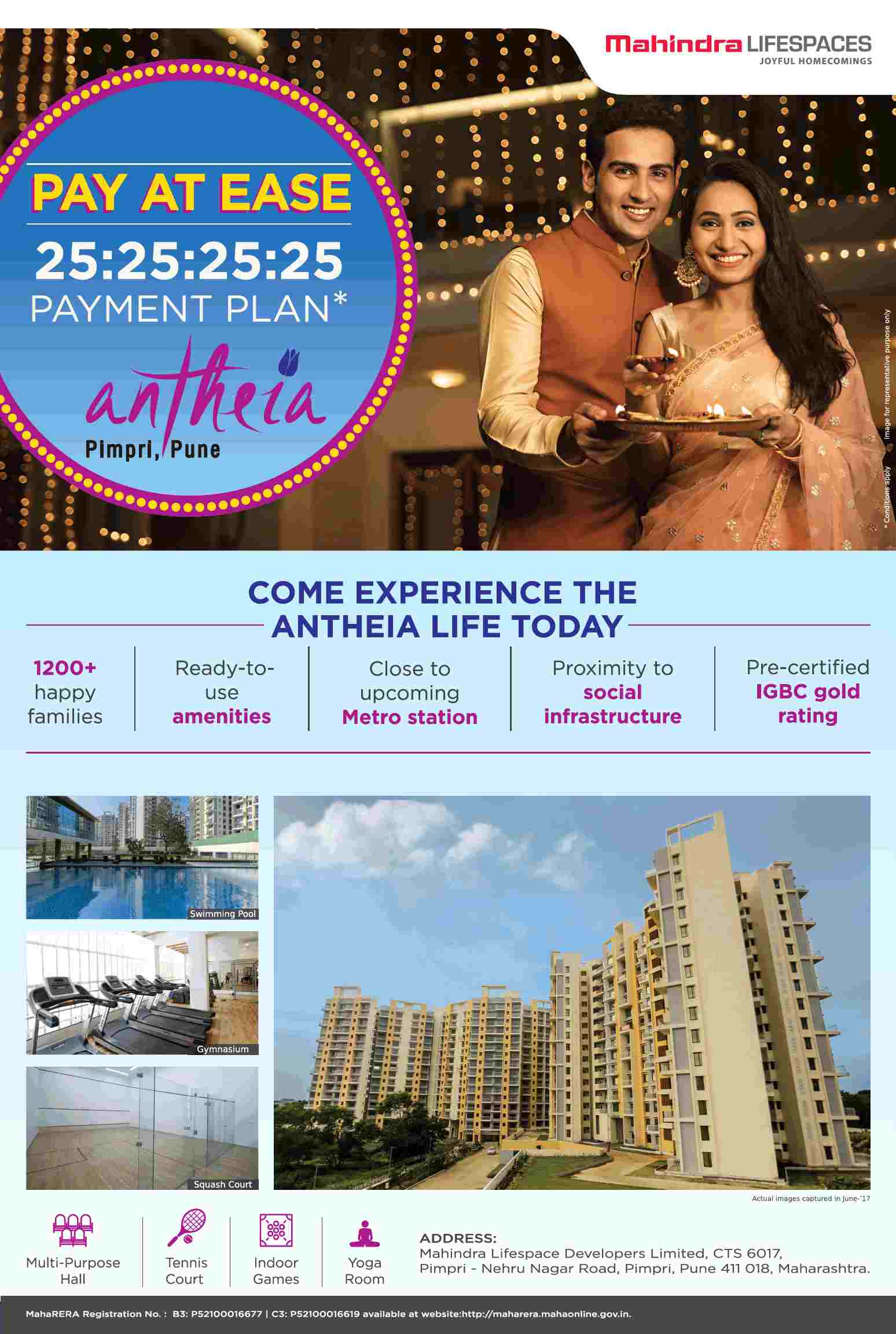 Avail the 25:25:25:25 payment plan at Mahindra Antheia in Pimpri, Pune Update